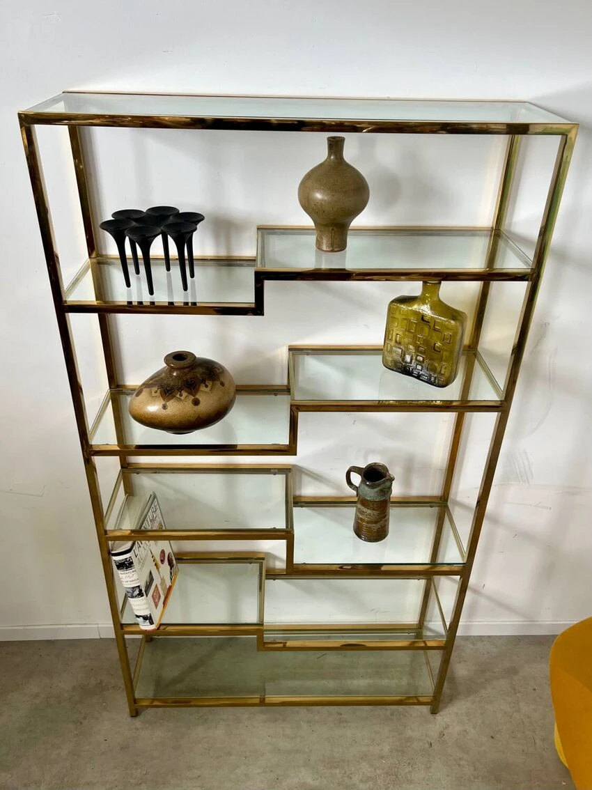 Old Shelf In Golden Metal Brass Geometric Library Design 80s Vintage 3 Old Shelf In Golden Metal Brass Geometric Library Design 80s Vintage - Image 3