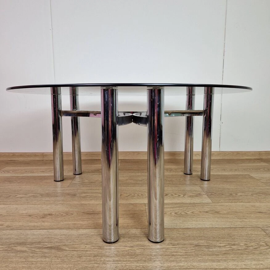 Italian Smoked Glass & Chrome Round Coffee Table, 1970s 3 Italian Smoked Glass & Chrome Round Coffee Table, 1970s - Image 3