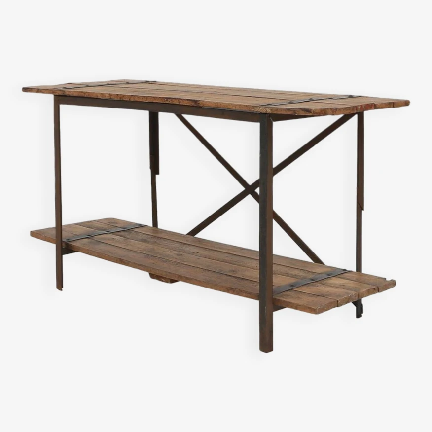 Industrial Side Table With Metal Frame And Wooden Top And Removable Platform, Belgium, 1920 15 Industrial Side Table With Metal Frame And Wooden Top And Removable Platform, Belgium, 1920 - Image 15