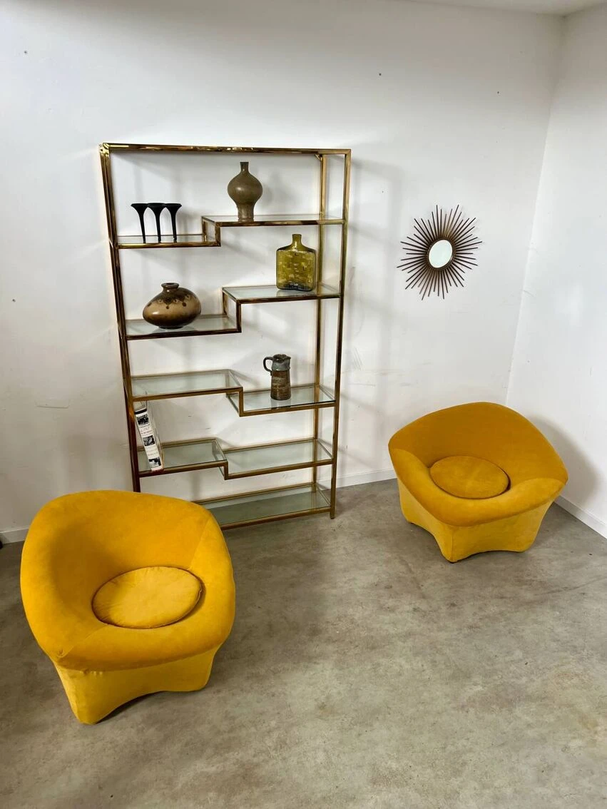 Old Shelf In Golden Metal Brass Geometric Library Design 80s Vintage 7 Old Shelf In Golden Metal Brass Geometric Library Design 80s Vintage - Image 7