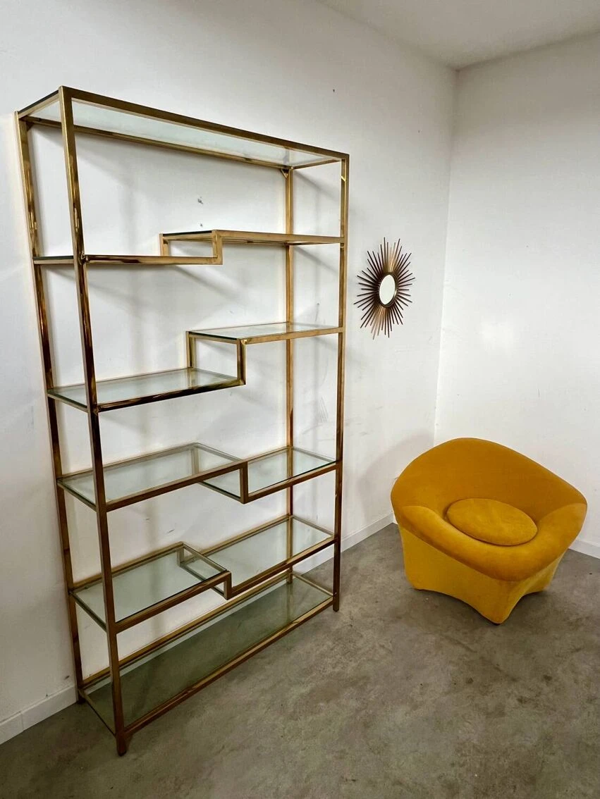 Old Shelf In Golden Metal Brass Geometric Library Design 80s Vintage 8 Old Shelf In Golden Metal Brass Geometric Library Design 80s Vintage - Image 8