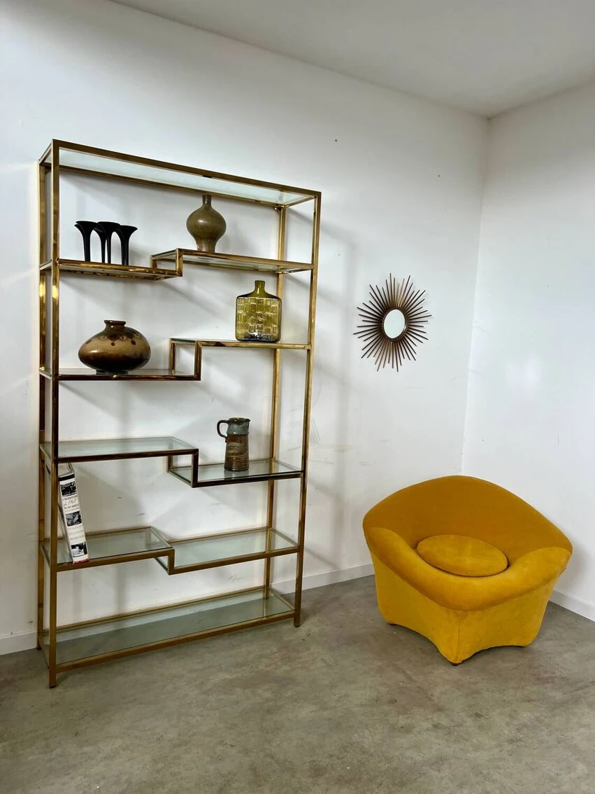 Old Shelf In Golden Metal Brass Geometric Library Design 80s Vintage 16 Old Shelf In Golden Metal Brass Geometric Library Design 80s Vintage - Image 16