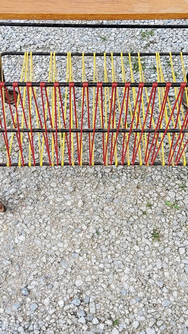 Vintage Side Table In Golden Blond Oak, Black Metal Base And Red And Yellow Scoubidous 8 Vintage Side Table In Golden Blond Oak, Black Metal Base And Red And Yellow Scoubidous - Image 8