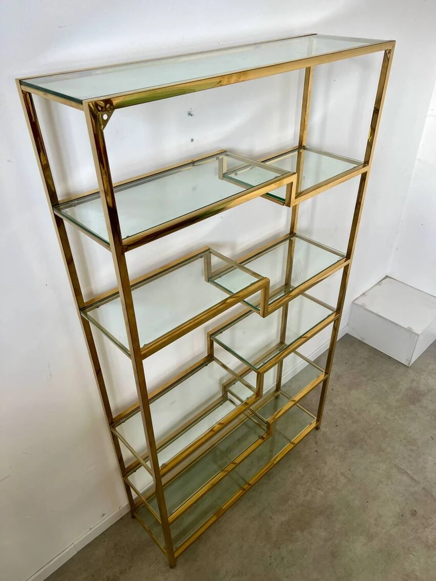 Old Shelf In Golden Metal Brass Geometric Library Design 80s Vintage 4 Old Shelf In Golden Metal Brass Geometric Library Design 80s Vintage - Image 4