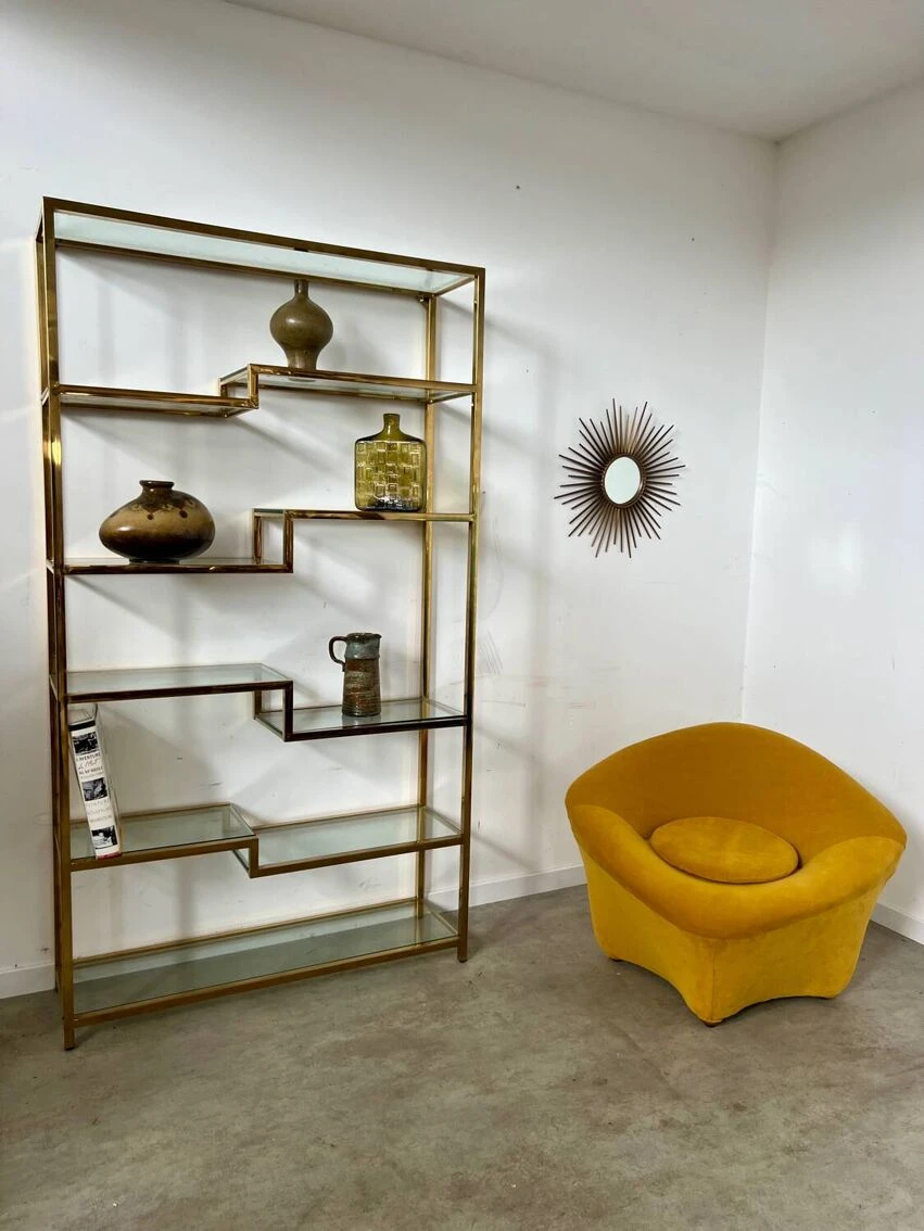 Old Shelf In Golden Metal Brass Geometric Library Design 80s Vintage 9 Old Shelf In Golden Metal Brass Geometric Library Design 80s Vintage - Image 9