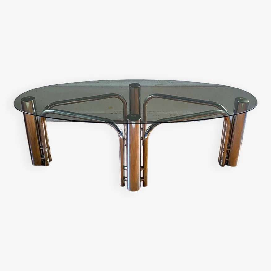 Vintage Oval Smoked Glass Tubular Coffee Table 1970 7 Vintage Oval Smoked Glass Tubular Coffee Table 1970 - Image 7