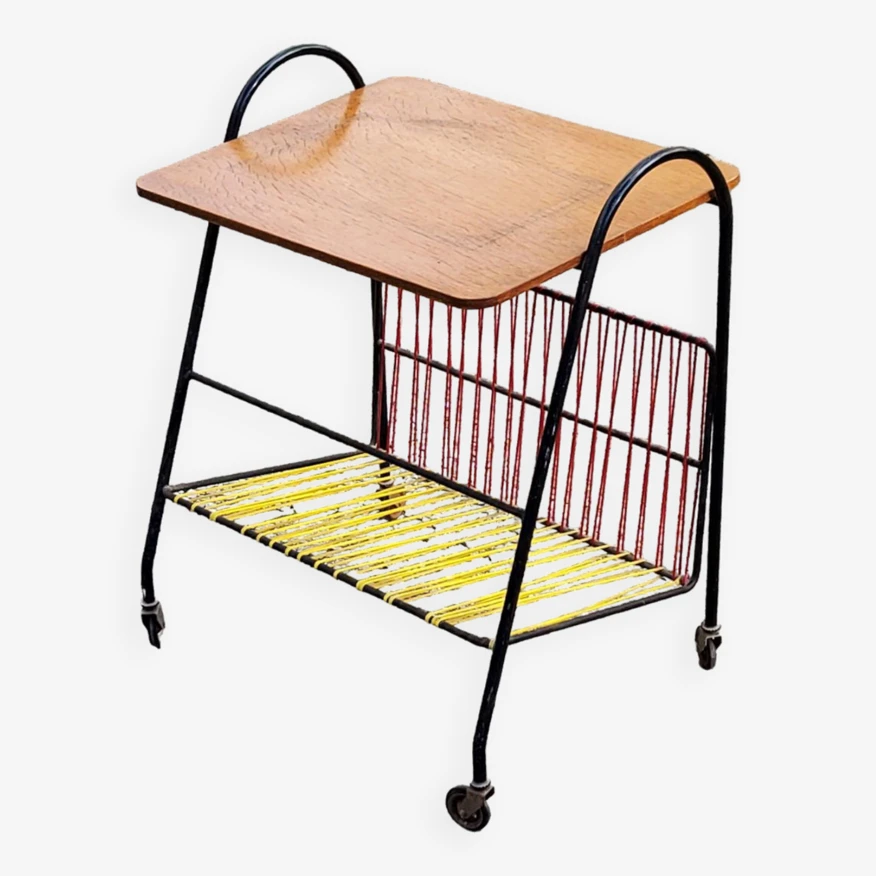 Vintage Side Table In Golden Blond Oak, Black Metal Base And Red And Yellow Scoubidous 9 Vintage Side Table In Golden Blond Oak, Black Metal Base And Red And Yellow Scoubidous - Image 9