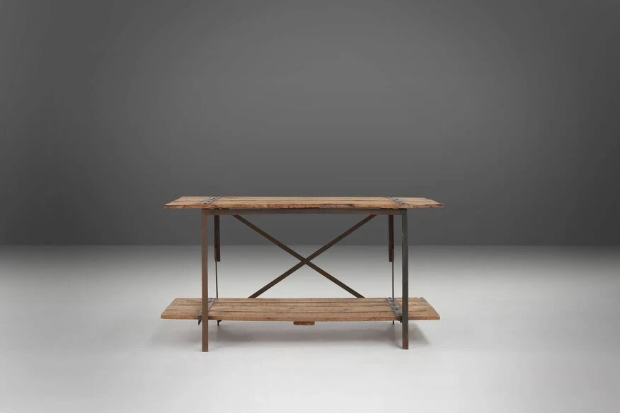 Industrial Side Table With Metal Frame And Wooden Top And Removable Platform, Belgium, 1920 12 Industrial Side Table With Metal Frame And Wooden Top And Removable Platform, Belgium, 1920 - Image 12