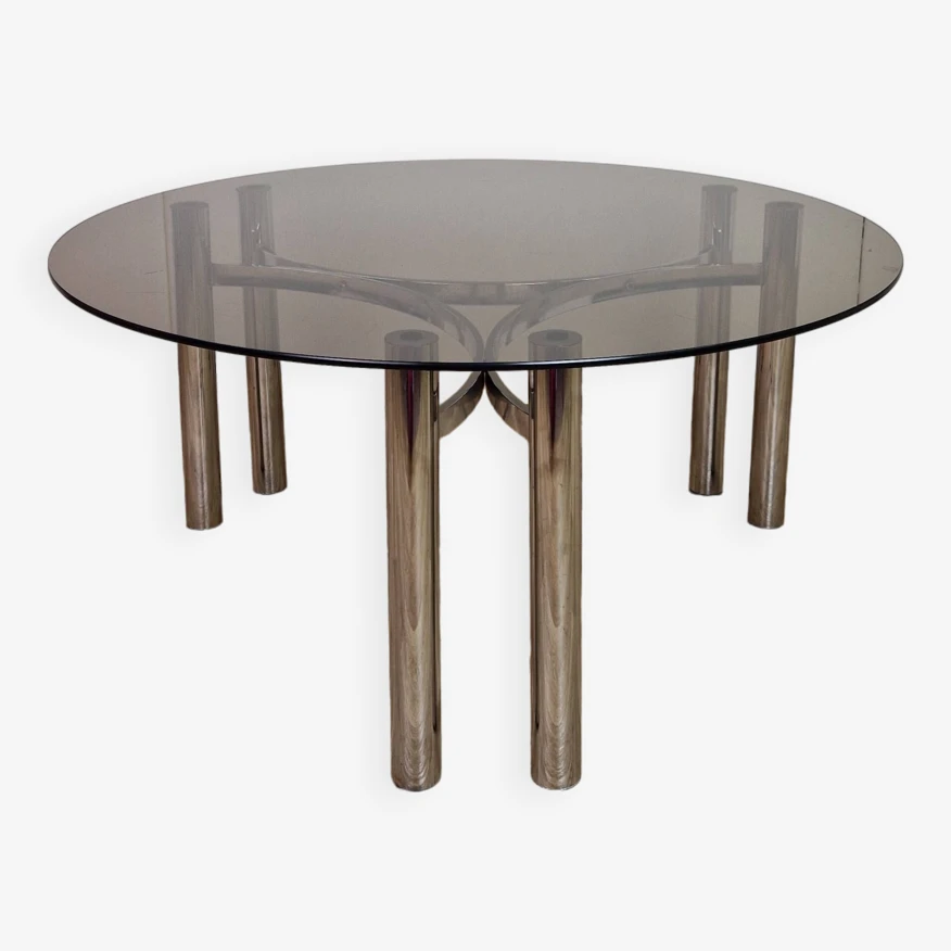 Italian Smoked Glass & Chrome Round Coffee Table, 1970s 5 Italian Smoked Glass & Chrome Round Coffee Table, 1970s - Image 5
