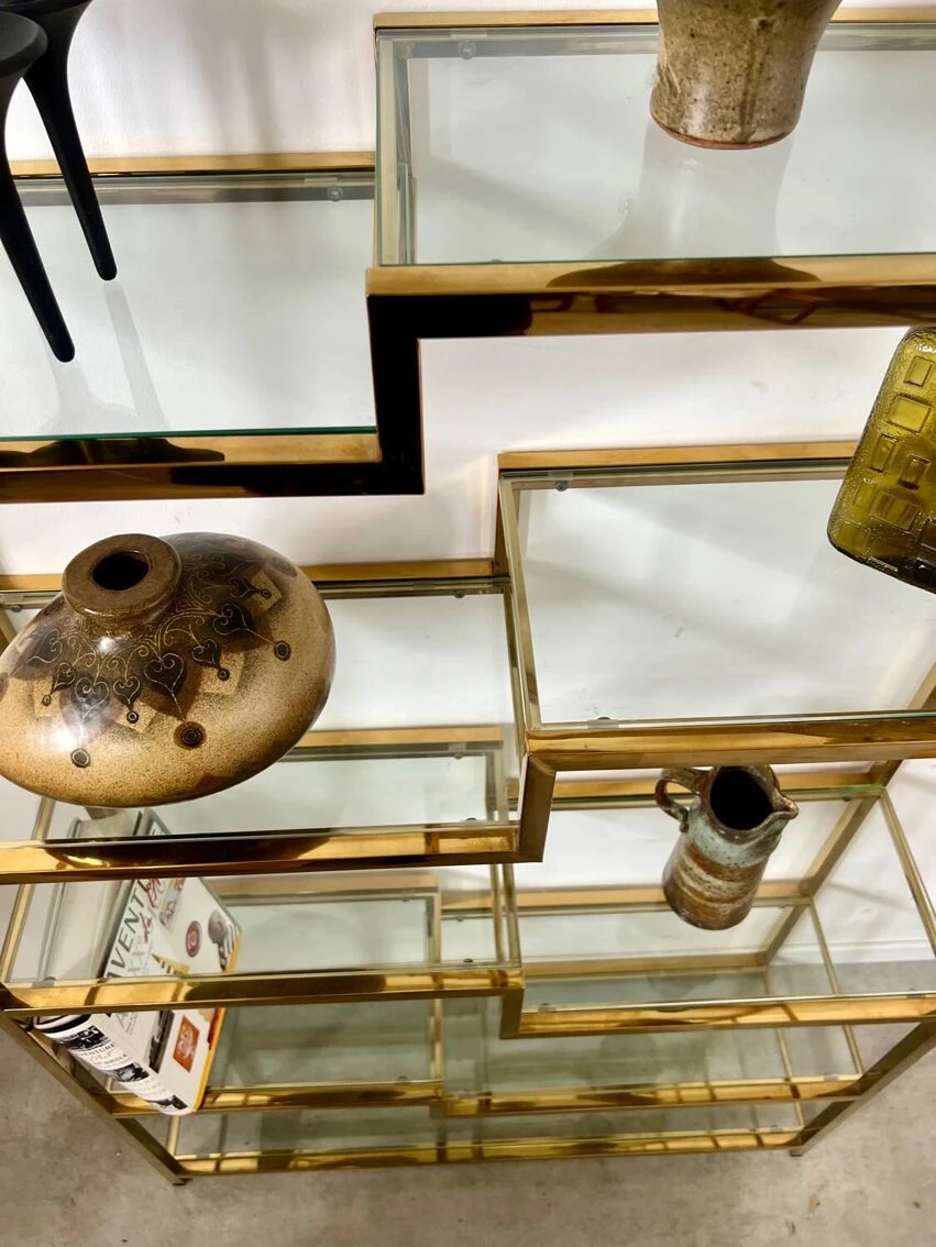 Old Shelf In Golden Metal Brass Geometric Library Design 80s Vintage 14 Old Shelf In Golden Metal Brass Geometric Library Design 80s Vintage - Image 14