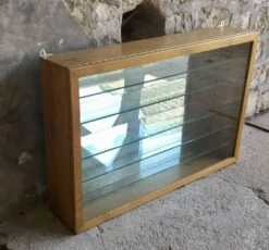 Large Pharmacy Wall Display Case In Light Oak - Vintage 1960