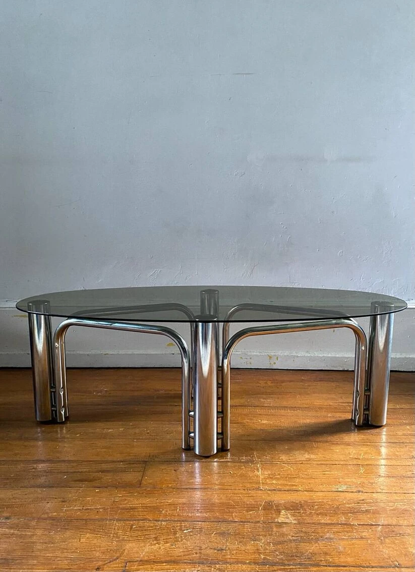 Vintage Oval Smoked Glass Tubular Coffee Table 1970 5 Vintage Oval Smoked Glass Tubular Coffee Table 1970 - Image 5