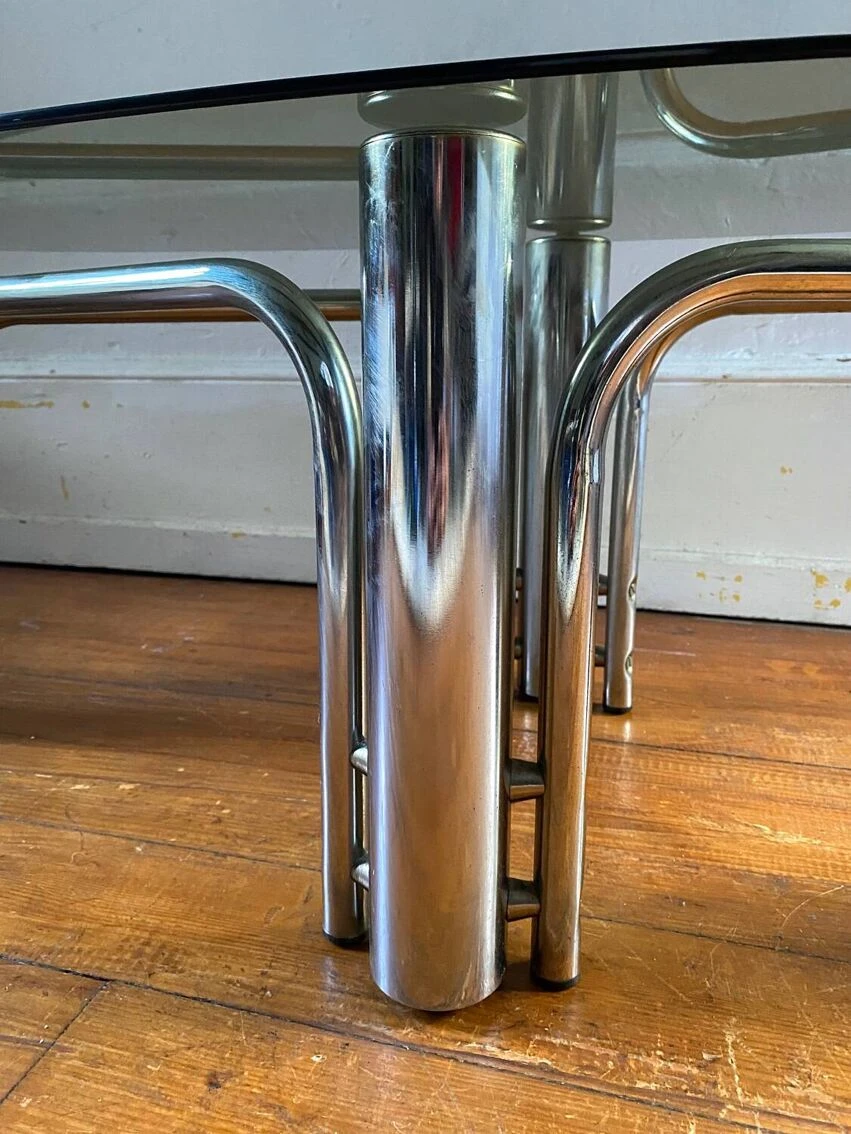 Vintage Oval Smoked Glass Tubular Coffee Table 1970 9 Vintage Oval Smoked Glass Tubular Coffee Table 1970 - Image 9