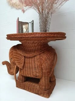 Vintage Wicker And Rattan Elephant Table 1970
