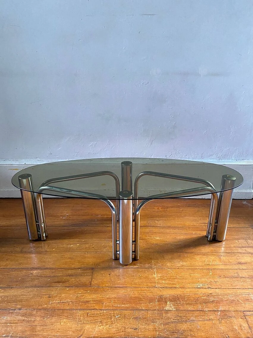 Vintage Oval Smoked Glass Tubular Coffee Table 1970 2 Vintage Oval Smoked Glass Tubular Coffee Table 1970 - Image 2