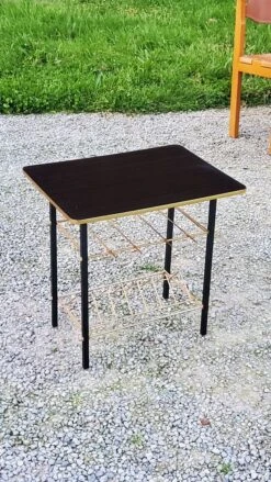 Vintage Side Table From The 60s Formica Top Imitation Rosewood Black And Gold Metal Legs