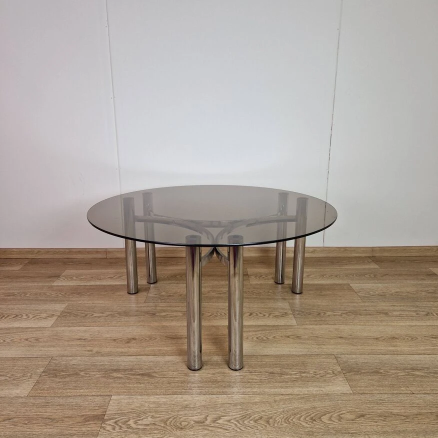 Italian Smoked Glass & Chrome Round Coffee Table, 1970s 10 Italian Smoked Glass & Chrome Round Coffee Table, 1970s - Image 10