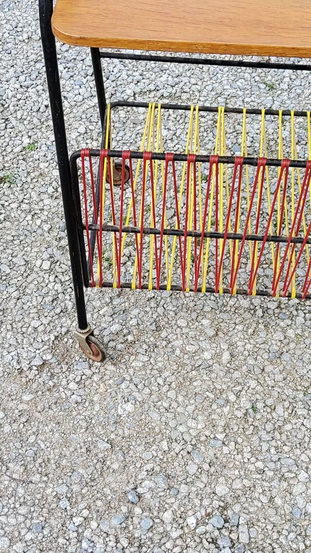 Vintage Side Table In Golden Blond Oak, Black Metal Base And Red And Yellow Scoubidous 1 Vintage Side Table In Golden Blond Oak, Black Metal Base And Red And Yellow Scoubidous