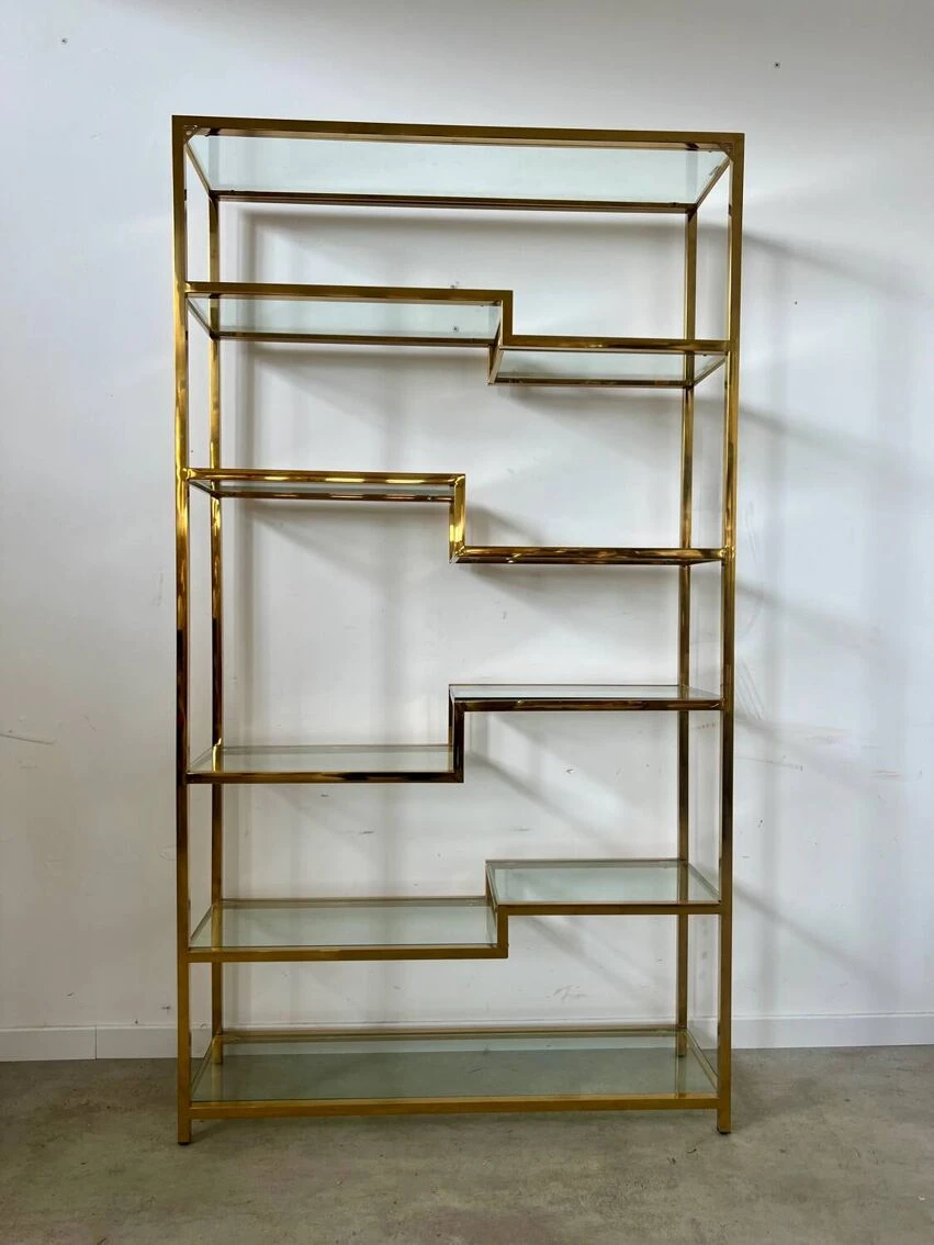 Old Shelf In Golden Metal Brass Geometric Library Design 80s Vintage 6 Old Shelf In Golden Metal Brass Geometric Library Design 80s Vintage - Image 6