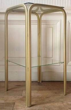 Bolster Side Table In Gold Metal, Smoked Glass & Mirror Hollywood Regency 80's