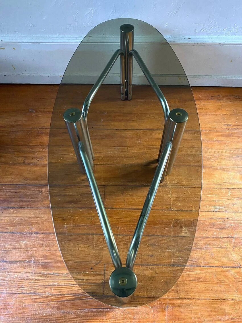 Vintage Oval Smoked Glass Tubular Coffee Table 1970 6 Vintage Oval Smoked Glass Tubular Coffee Table 1970 - Image 6