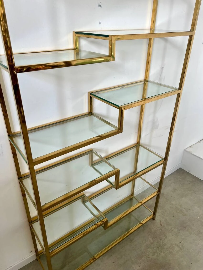 Old Shelf In Golden Metal Brass Geometric Library Design 80s Vintage 5 Old Shelf In Golden Metal Brass Geometric Library Design 80s Vintage - Image 5