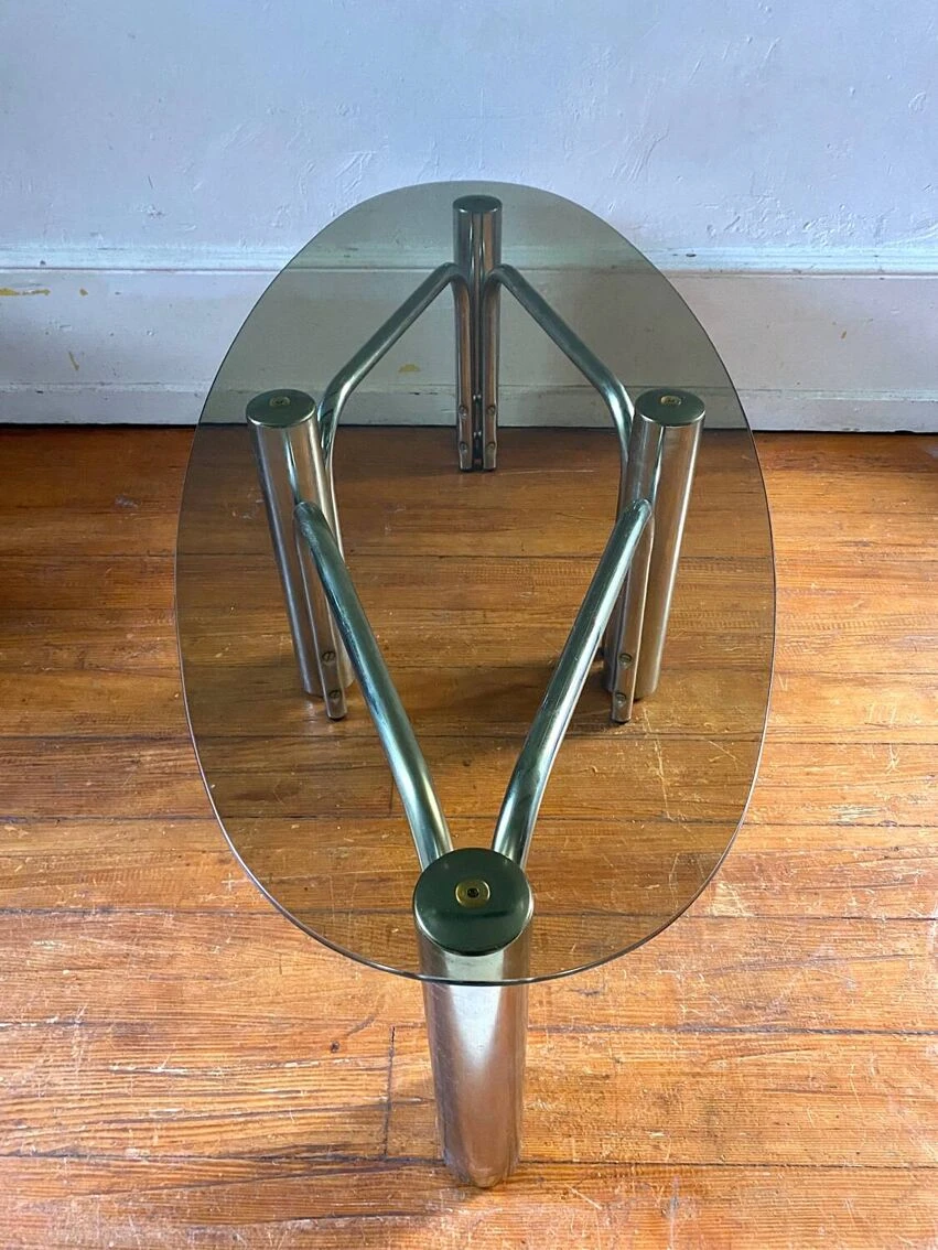 Vintage Oval Smoked Glass Tubular Coffee Table 1970 4 Vintage Oval Smoked Glass Tubular Coffee Table 1970 - Image 4