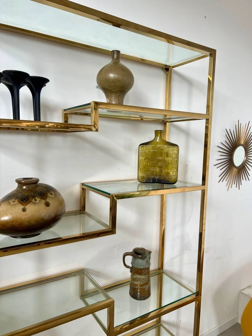 Old Shelf In Golden Metal Brass Geometric Library Design 80s Vintage 12 Old Shelf In Golden Metal Brass Geometric Library Design 80s Vintage - Image 12