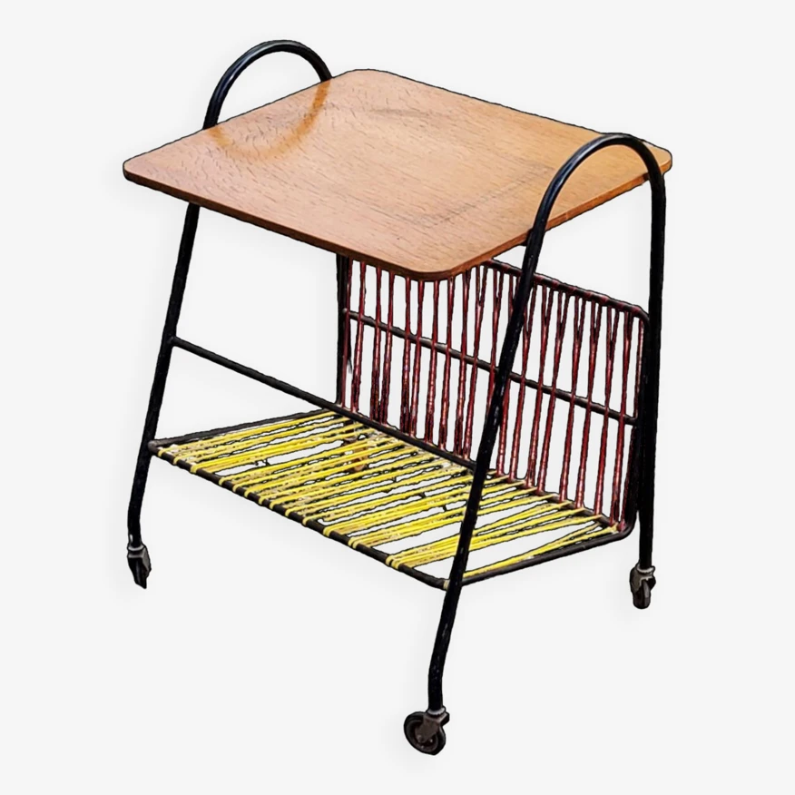 Vintage Side Table In Golden Blond Oak, Black Metal Base And Red And Yellow Scoubidous 4 Vintage Side Table In Golden Blond Oak, Black Metal Base And Red And Yellow Scoubidous - Image 4