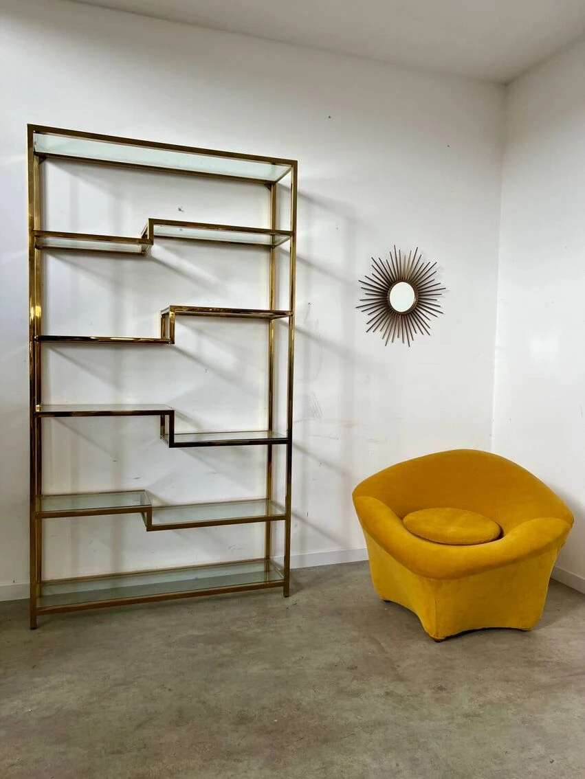 Old Shelf In Golden Metal Brass Geometric Library Design 80s Vintage 10 Old Shelf In Golden Metal Brass Geometric Library Design 80s Vintage - Image 10