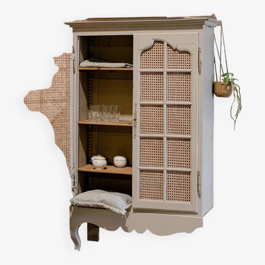 2-door Display Case Wood & Canework 1 2-door Display Case Wood & Canework