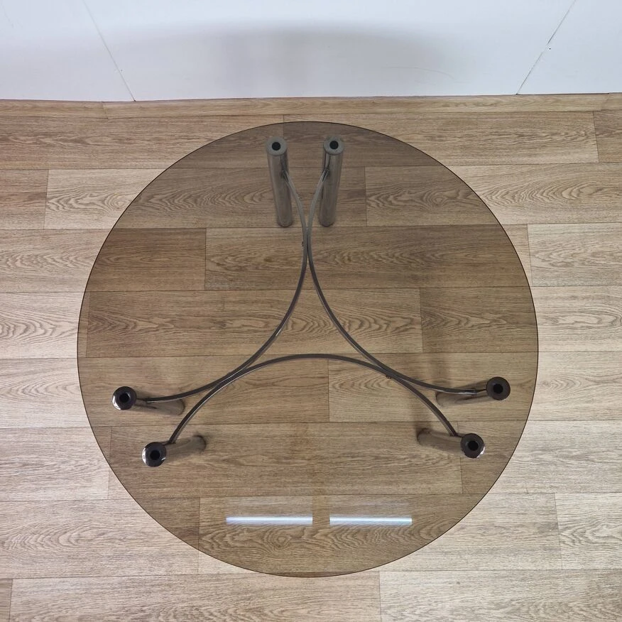 Italian Smoked Glass & Chrome Round Coffee Table, 1970s 2 Italian Smoked Glass & Chrome Round Coffee Table, 1970s - Image 2