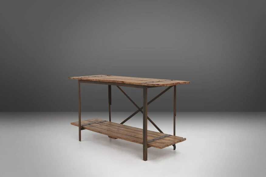 Industrial Side Table With Metal Frame And Wooden Top And Removable Platform, Belgium, 1920 7 Industrial Side Table With Metal Frame And Wooden Top And Removable Platform, Belgium, 1920 - Image 7