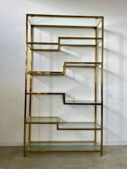 Old Shelf In Golden Metal Brass Geometric Library Design 80s Vintage