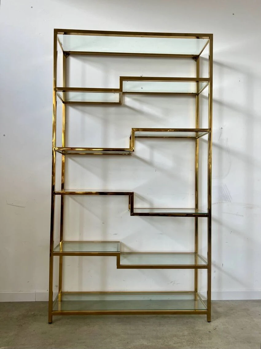 Old Shelf In Golden Metal Brass Geometric Library Design 80s Vintage 1 Old Shelf In Golden Metal Brass Geometric Library Design 80s Vintage