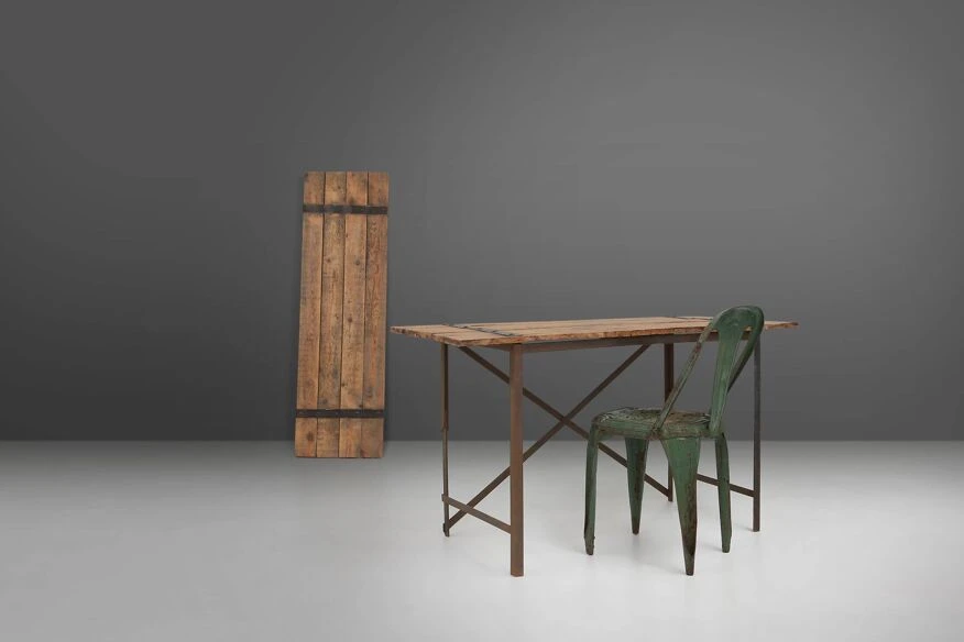 Industrial Side Table With Metal Frame And Wooden Top And Removable Platform, Belgium, 1920 4 Industrial Side Table With Metal Frame And Wooden Top And Removable Platform, Belgium, 1920 - Image 4